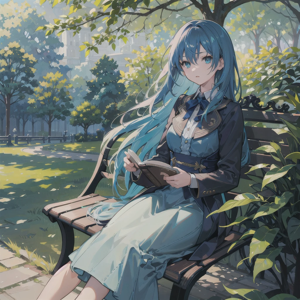 a girl with long blue hair sitting on a bench under a large tree in a park, reading a book, wind blowing through her hair, surprised expression, detailed facial features, high quality, hyperrealistic, 8k, photorealistic, cinematic lighting, vibrant colors, beautiful scenery, lush greenery, intricate details, masterpiece