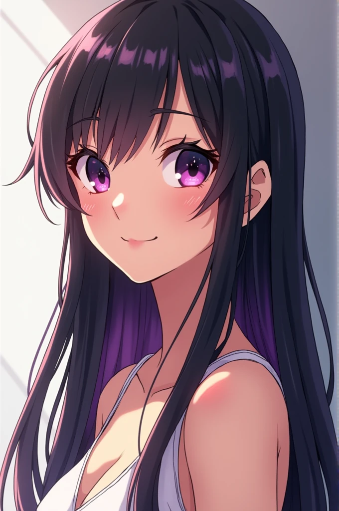 thin woman, asian features, big eyes straight black hair with purple, smiling, small snub nose, anime style
