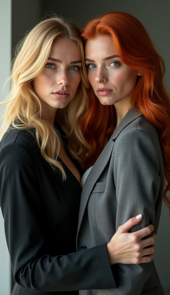 A very beautiful blonde lawyer and a very beautiful red-haired lawyer embrace each other、Looking at the camera, whole body, Looking into the camera, Watery eye