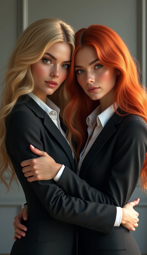 A very beautiful blonde lawyer and a very beautiful red-haired lawyer embrace each other、Looking at the camera, whole body, Looking into the camera, Watery eye