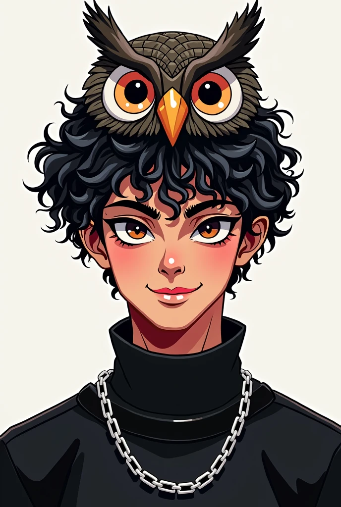 Make a male character with dark SKIN, but not so dark, of curly and black hair, with black eyes, with a slight smile on your face, an owl hat on his head, a black outfit with a silver chain around the neck, do this in the style of the logo for the YouTuber