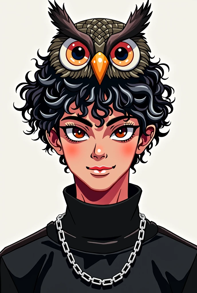 Make a male character with dark SKIN, but not so dark, of curly and black hair, with black eyes, with a slight smile on your face, an owl hat on his head, a black outfit with a silver chain around the neck, do this in the style of the logo for the YouTuber