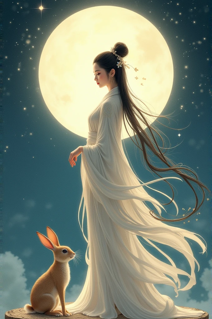 To the goddess of the moon, chang'e with her rabbit and a moon behind her, with Japanese style