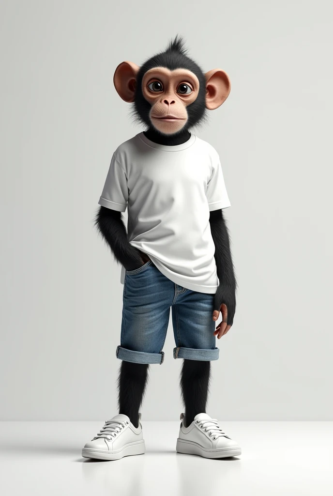 Un singe avec un short en jean, un tee shirt blanc et une paire de chaussures nocta step 1 toute blanche 