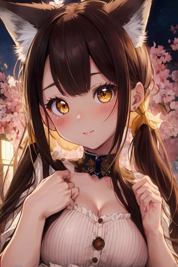 (ultra highres、ultra quality、Masterpiece、8k、),A girl with light hair drawn Young and cute 、Asian woman,s hot, Japanese Model, Cute Core, , Chubby 、(big breast)、fairy tale、Blushing、(sexly、I can see your chest)(Fox Ears)yellow eye