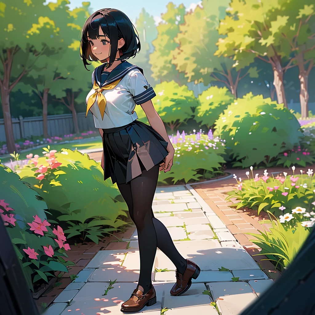 (Highest quality, High resolution, Super detailed, Realistic:1.37), Peaceful atmosphere, (Outdoor, garden), Teenage girl standing alone,(my breasts are big.),Beautifully detailed features, Cute Smile, ((Black bob hair)),Short-sleeved sailor uniform, Pleated skirt,Black tights,Brown leather shoes.