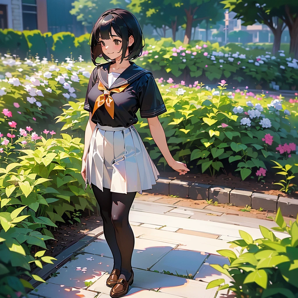 (Highest quality, High resolution, Super detailed, Realistic:1.37), Peaceful atmosphere, (Outdoor, garden), Teenage girl standing alone,(my breasts are big.),Beautifully detailed features, Cute Smile, ((Black bob hair)),Short-sleeved sailor uniform, Pleated skirt,Black tights,Brown leather shoes.