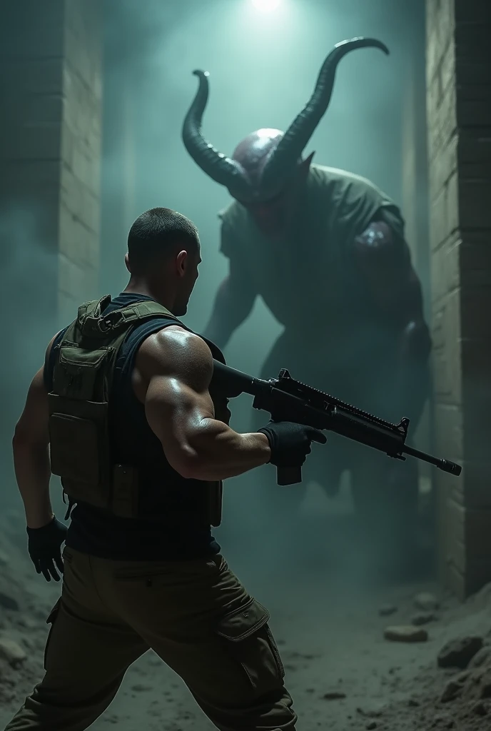 Picture a man fighting a demon using an assault rifle and he is facing forward from a rear view point.