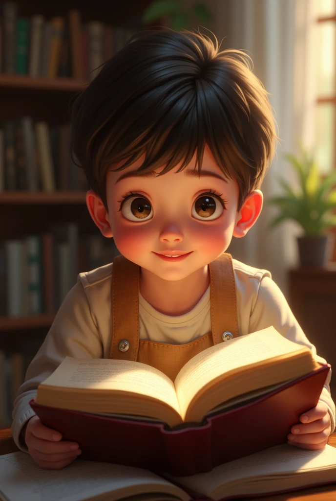 Child studying with a smile and a look of enchantment at the book in his hands