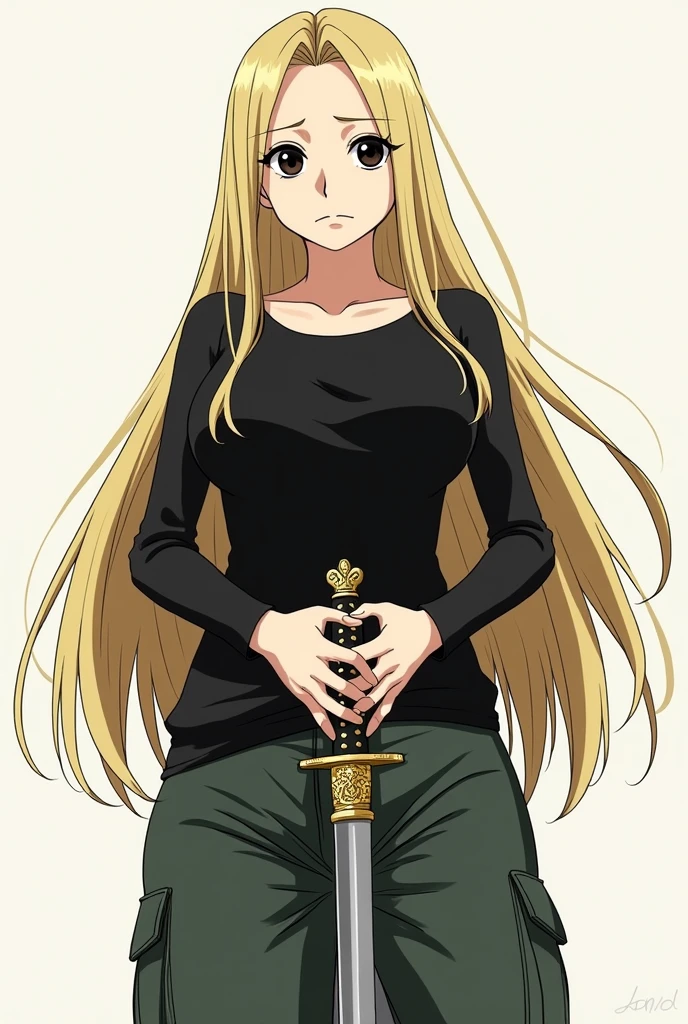 A female character from One Piece with blonde hair, blonde eyelashes too and black eye color and little tired, half serious and calm look, black long-sleeved blouse and dark green cargo pants. Wearing a katana in his hands with star decorations