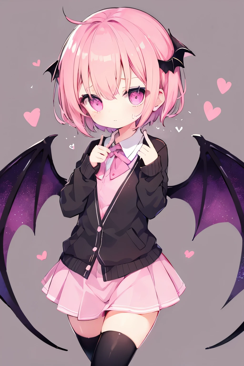 Pink short hair,cardigan、Pink Skirt、Putting on a collar、Elementary school girl、Very beautiful and Shining Eyes、Shining Eyes、1 person、Demon wings grow from head、(((((Small body)))))、heart❤、((Sweat、vapor))