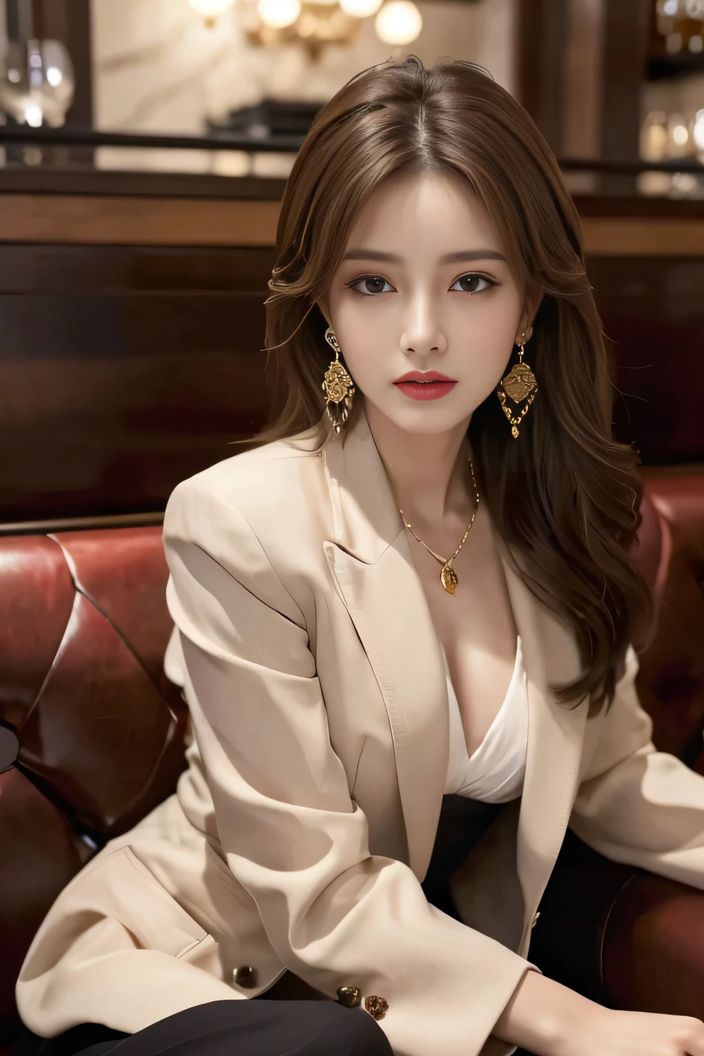 masterpiece, Highest quality, Realistic, Very detailed, Finer details, High resolution, 8k wallpaper, One beautiful woman, Wear a nice suit, In a great restaurant, At night, Light brown messy hair, Perfect dynamic composition, Beautiful and beautiful eyes、Big earrings、Sit on the sofa