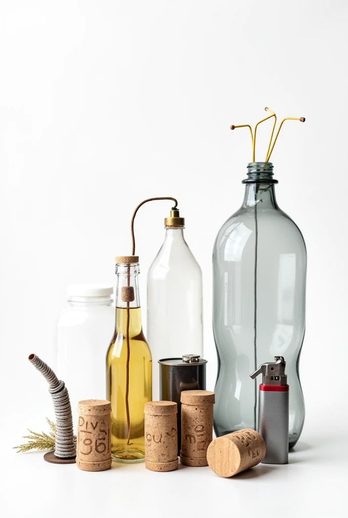 An image of a plastic bottle, wire, bottle corks, lighter, A can, glue and small hoses separately and white background