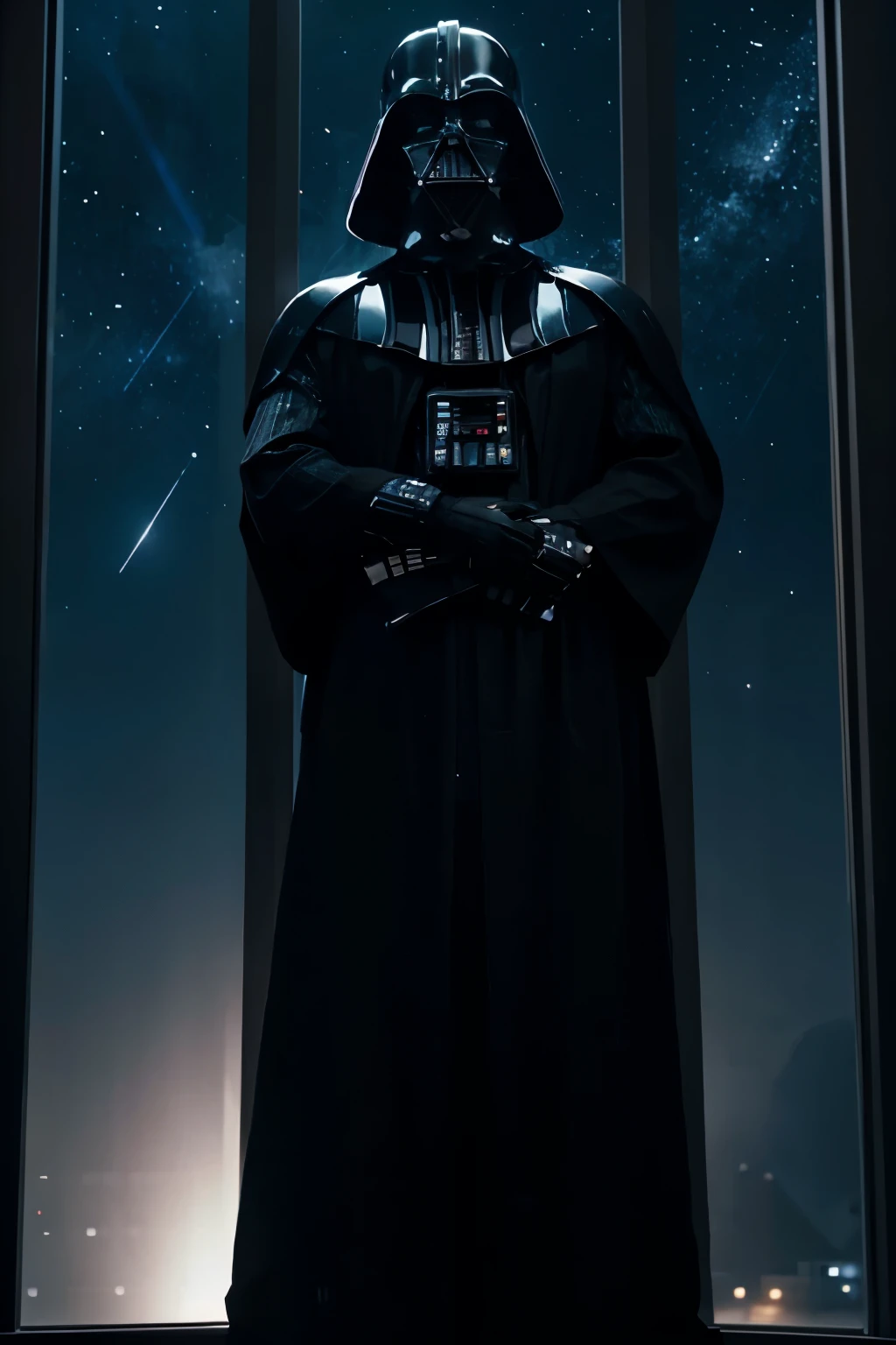 Darth Vader standing tall with a huge window behind him showing stars and black space. he faces directly toward us and holds both hands shoulder wide apart at waist level. He throws his head back as if howling in pleasure.  