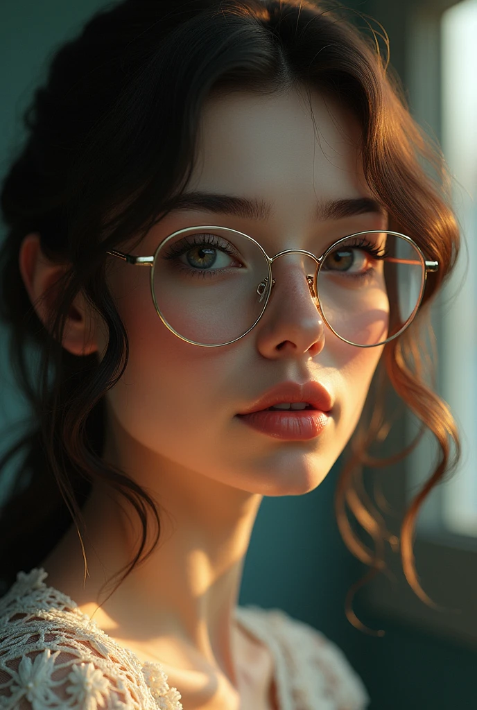 intricate portrait of a thin woman with curly hair and glasses, detailed facial features, beautiful eyes, delicate lips, elegant expression, cinematic lighting, digital painting, high quality, photorealistic, detailed background, dynamic pose, intricate details, 8k, best quality, masterpiece