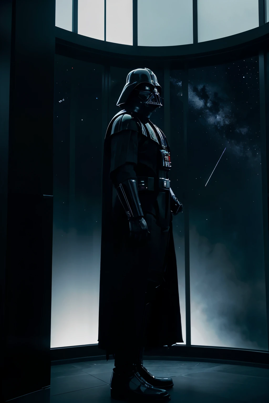 Darth Vader standing tall with a huge window behind him showing stars and black space. he faces directly toward us and holds both hands shoulder wide apart at waist level. He throws his head back as if howling in pleasure.