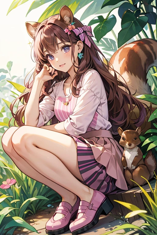 Sabine is a brown squirrel with a brown tail, pink flower on her left ear, and brown hair.
She wears a striped pink and purple top and her teal skirt is covered in plants.
She comes with a purple hair bow and shoes. SPARKLE; GLITTER