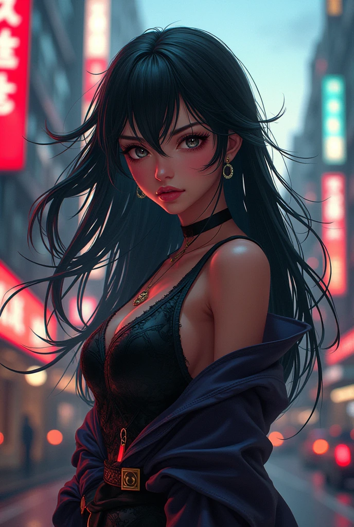Pretty girl, model with 22, , black girl, long hair,, Tokyo cenário, anime, jujutsu kaiseen, sourcerer, jujutsu kaisen style, jujutsu kaisen OC