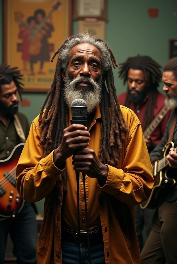 Old Jamaican rasta man from 1960s with microphone in hand in a recording studio and music band