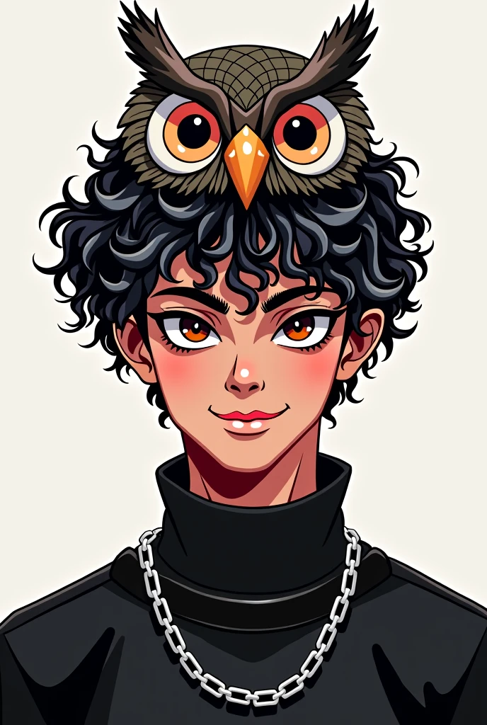 Make a male character with dark SKIN, but not so dark, of curly and black hair, with black eyes, with a slight smile on your face, an owl hat on his head, a black outfit with a silver chain around the neck, do this in the style of the logo for the YouTuber