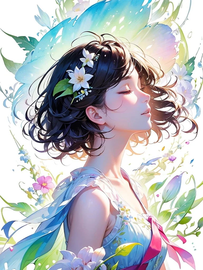 (masterpiece、Highest quality、Highest quality、Beautiful and beautiful:1.2)、Excellent anatomy、（Watercolor painting 1.5）、Long Shot、straight short hair images、Trendy Hair Color, Beautiful Face、Beautiful profile, Looking up to the sky, I close my eyes and pray, Fairy, 蝶のFairyのコスチューム、Pure white、Pure、charm, Colorful flowers of different colors, Flower and leaf wind、Botanical Art,