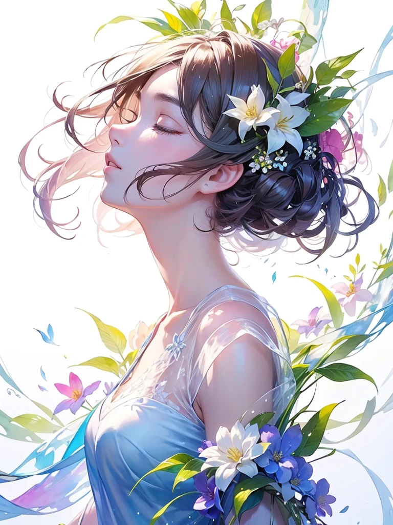 (masterpiece、Highest quality、Highest quality、Beautiful and beautiful:1.2)、Excellent anatomy、(Watercolor painting 1.5)、Long Shot、straight short hair images、Trendy Hair Color, Beautiful Face、Beautiful profile, Looking up to the sky, I close my eyes and pray, Fairy, 蝶のFairyのコスチューム、Pure white、Pure、charm, Colorful flowers of different colors, Flower and leaf wind、Botanical Art,
