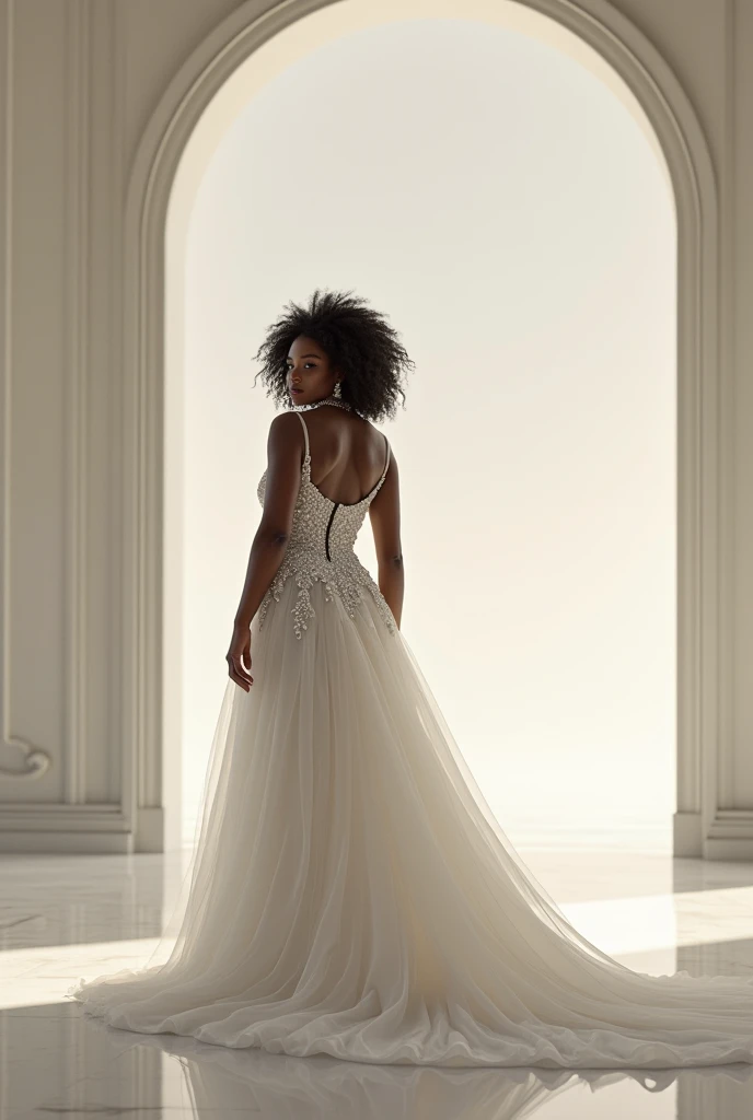 Generate an image of a black beautiful curvy bride walking into an empty room