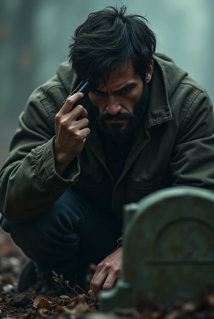 A Brunette-Bearded Man Holding a 14-Caliber Gun to His Head on the Grave Cries and Shoots His Head