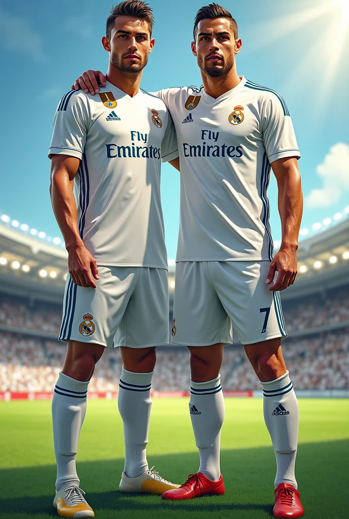 Cristiano Ronaldo with a Real Madrid jersey, who wears the number 7, with jude bellingham