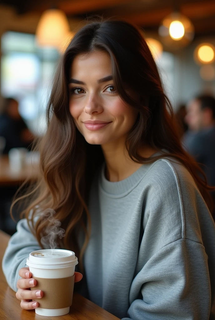 Gorgeous 20 year old girl, with straight hair, Poil long, brown-hair, Brown eyes, métis, generous chest, tenant dans sa main café, dans un starbucks, realistic, habillé avec un sweat oversize gris, espagnole, with other people, assise, post Instagram, looking to the side