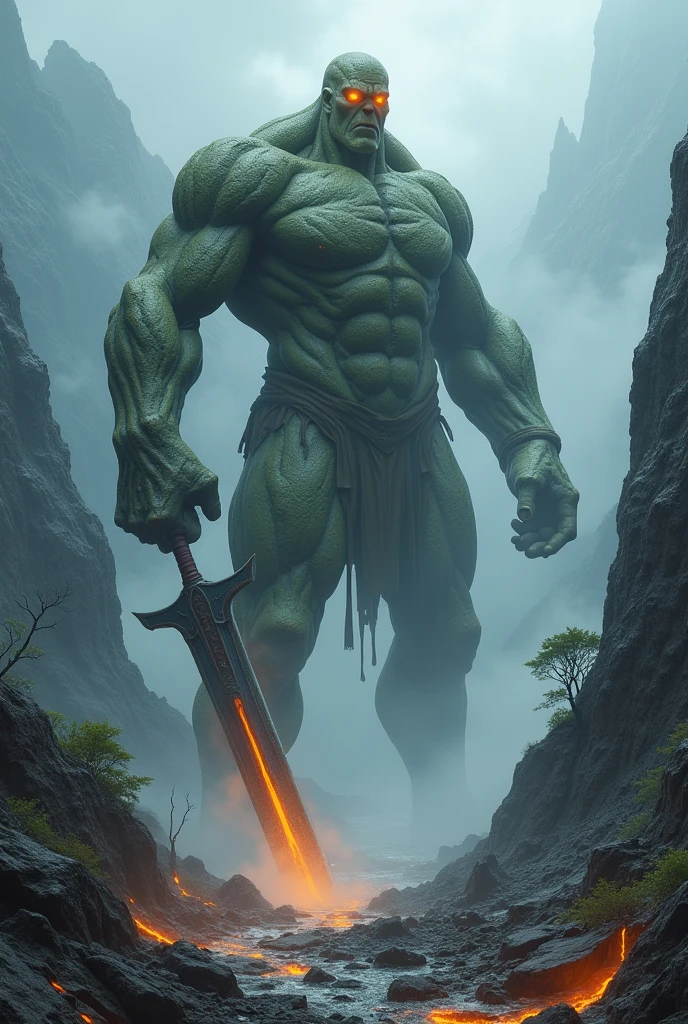Imagine a vast mountain range, covered by a dense, oppressive fog that partially hides the jagged peaks and deep valleys. In the middle of this scenario, a huge giant appears, so big that its head is lost among the dark clouds. His figure is a terrifying and majestic sight at the same time..
The giant is a stone creature, as if it had been carved directly from the rock of the mountains. His skin is rough and covered in moss, with fissures that glow faintly as if there were lava flowing inside. Your eyes are like two glowing headlights, illuminating the fog around it with an ominous orange glow. He is standing, Stately, with gigantic feet sunk into the earth and rocks, as if he himself were part of the mountain.
Sua postura é Stately, with his chest puffed out and his muscular arms crossed in front of his body. In one hand, he holds a huge stone sword, whose blade is as large as the peak of a smaller mountain. The sword is stuck in the ground, splitting the earth and creating a deep fissure that seems endless. The other hand is open, as if the giant was about to grab something or someone, leaving in the air a sense of imminent danger.
Around the giant, the wind blows fiercely, dragging clouds of dust and rock fragments, as thunder rumbles in the distance, making the mountains tremble slightly. Small rivers of lava run down the sides of the mountains, fueled by the intense heat that seems to emanate from the giant itself, creating a contrast between the orange glow of the lava and the cold gray of the rocks.
On the slopes of the surrounding mountains, ancient, twisted trees are bent as if trying to escape the giant's presence. Some peaks are partially destroyed, as if they had been crushed by its unimaginable strength. The sky above him is a deep gray, dotted with lightning that illuminates the colossal silhouette for brief moments, this