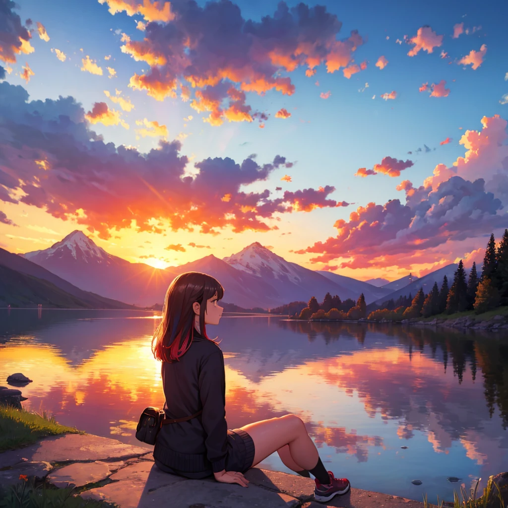 a girl sitting by a lake, staring into the distance surrounded by mountains and a beautiful sunset with many colors