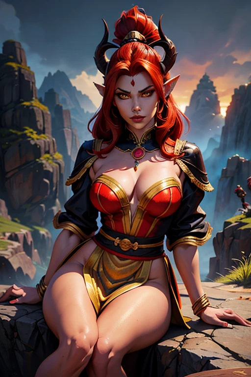 a beautiful female demon monkey with red hair, yellow eyes, large bust, monkey tail and ears, arrogant and imposing demonic female monkey, wearing traditional clothes of the Monkey King, sitting on a large rock on Mount Huago, gorgeous female demon monkey looking at the viewer, highly detailed, hyper realistic, 8k, photorealistic, masterpiece, dramatic lighting, cinematic composition, vibrant colors, fantasy art, concept art, digital painting