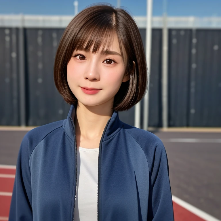 (kawaii 24 year-old Japanese girl, Nogizaka idol, Korean idol), healthy female athlete body, (glossy brown hair, short hair, pixie cut, bangs:1.3), (rounded face, beautiful black eyes, single eyelid, no makeup:1.2), (looking at away, empty eyes, sigh:1.5), (wearing light blue track jacket, sweat jogger pants:1.3), perfect shaped extra small breasts, BREAK, (track and field stadium background), (dynamic angle, bust shot:1.2),  BREAK, (masterpiece, best quality, photo realistic, official art:1.4), (UHD, 8K quality wallpaper, high resolution, raw photo, golden ratio:1.3), (shiny skin), professional lighting, physically based rendering, award winning, (highly detailed skin, extremely detailed face and eyes), Carl Zeiss 85 mm F/1.4, depth of field, 1girl, solo,