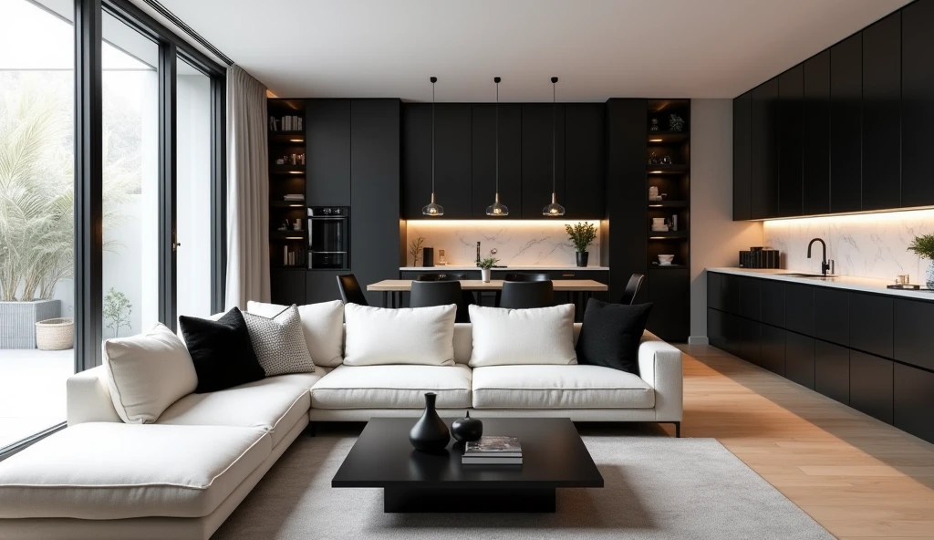 Create a realistic render of a modern, open-concept living and dining area with a minimalist design. The space features floor-to-ceiling windows on one side, allowing plenty of natural light to flood the room. The main living area includes a large, off-white sectional sofa adorned with black and white accent pillows. A sleek black coffee table sits in front of the sofa, decorated with a few minimalist accessories.
The dining area is seamlessly integrated into the open space, with a black dining table surrounded by black chairs with simple, modern designs. Above the dining table, two black pendant lights with warm inner tones provide ambient lighting, enhancing the room's cozy yet sophisticated atmosphere.
The kitchen, located behind the dining area, features dark cabinetry with a marble backsplash, combining elegance and practicality. Open shelving and subtle under-cabinet lighting add depth and functionality to the kitchen space. A wall of black-framed glass cabinets on the right side adds storage and visual interest, maintaining the minimalist aesthetic.
The flooring throughout the space is a light wood, which contrasts beautifully with the darker furniture and fixtures. The overall color palette is neutral, with a focus on black, white, and grey tones, creating a sleek and modern atmosphere that exudes both comfort and style.