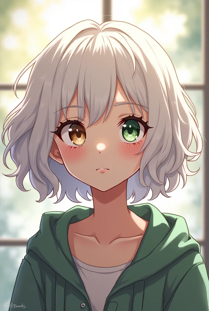teenage manga girl white hair mid-length curly one green eye one brown eye Daughter of NAGITO KOMAEDA HAJIME HINATA