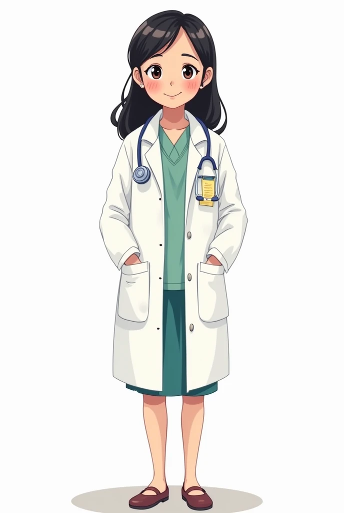 Japanese woman in psychologist's lab coat standing full body cartoon drawing white background