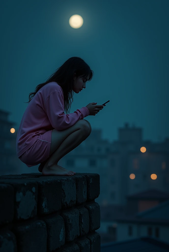 woman crouching on the wall at night talking on the phone, in pink pajamas and shorts
