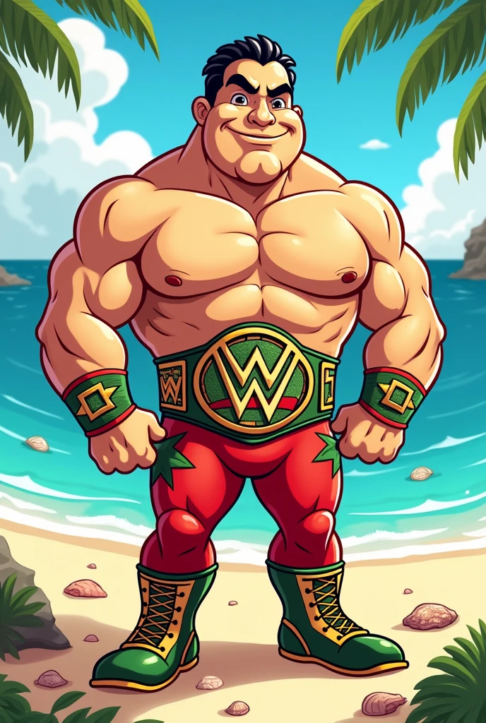 cartoon sand dollar dressed like WWE wrestler Tito Santana 