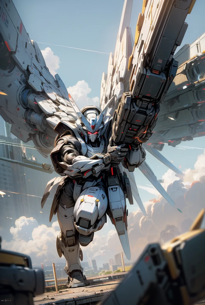 (masterpiece, best quality, 16K, absurdres:1.3), Combat robots, base on Gundam, (giant, stocky:1.2), (Mechanical Wings, Laser Depiction), (fighting, with a Giant guns:1.3), laser, in the city, in the afternoon, with clouds, Break 3D render, raw photo, ultra realistic photo, full body shot, from above, gigantic scale, (Fast and furious:1.2), (detailed face), black body