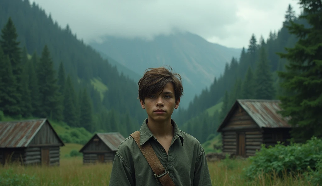 Elyon, a young man with a humble appearance, stands at the edge of a small, isolated village surrounded by dense forests. The sky is overcast, with hints of a coming storm. The village is simple, with wooden houses and narrow paths, reflecting a peaceful yet secluded life.(best quality,8K:1.2,High resolution:1.2),ultra-detailed,realistic, extremely detailed face,