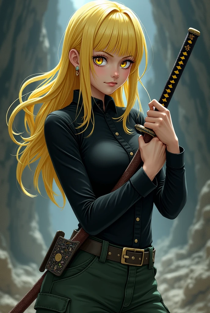 A female character from One Piece with blonde hair, yellow eyelashes and black eye color and little tired, half serious and calm look, black long-sleeved blouse and dark green cargo pants. Wearing a katana in his hands with star decorations