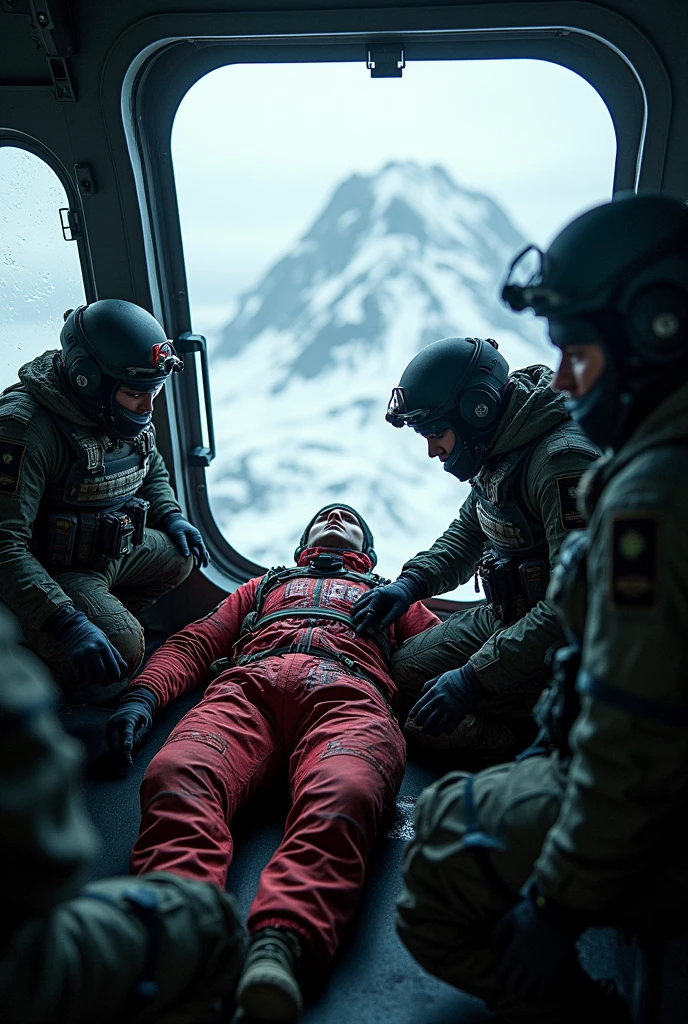 Inside the helicopter panoramic view, group (man with helmet, ski mask, tactical equipment, and tactical clothing) holds the hand of another man lying down ( man in damaged tactical clothing) , staring at the vast icy landscape of Iceland below, scientists in lab coats on board. The atmosphere is heavy, full of pain and sacrifice, as the helicopter flies through the dark skies.