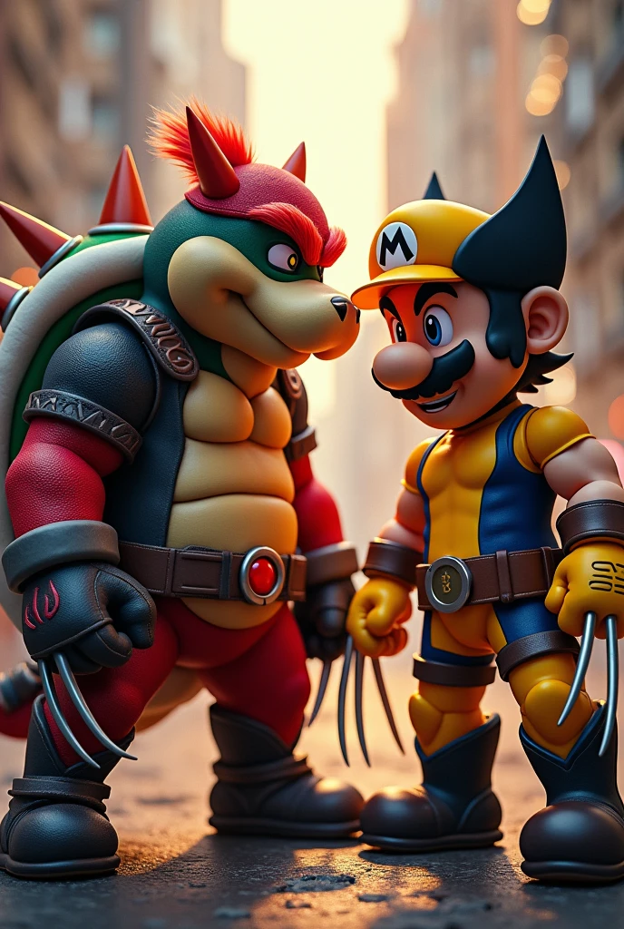 Bowser in Deadpool outfit and Mario in yellow Wolverine outfit