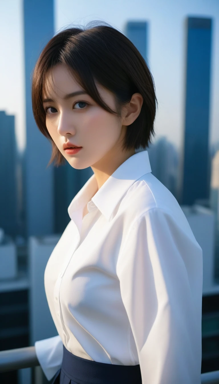 8k, Ultra-high resolution, Highest quality, masterpiece, 三分割法によるphotograph,Surreal, photograph, 1 , (:1.3), cute, cute顔, 細部までBeautiful Eyes, 細かくdetailedに,masterpiece,One Girl:1.2,Japanese women,Female announcer,cowboy shot,glaring,Black short hair,messy hair,from below,(White shirt:1.3),Dark blue blazer,Pencil Skirt,Rooftop,white collar,blue sky,Background of skyscrapers,(Beautiful attention to detail),Subtle details, detailedな顔,anger,Attractive eyes,(ポートレートphotograph:1.4),(Photorealistic images:1.4),Fantasy art,(Beautiful Face:1.4),美しくAttractive eyes、Beautiful Eyes,Silver residue,(Tight waist:1.4)、(Beautiful with perfect body proportions:1.4),Pink Lips,profile,(((Ideal body type))),A-cup small breasts :2,、Portraiture:2、Perfect Anatomy、鮮明なdetailed、detailed,Fashion magazine cover,Thin lips,完璧でBeautiful Face ,完璧でcute顔, Skin with attention to detail, Perfect limbs、Narrow waist,Surreal,Light and shadow,sunlight