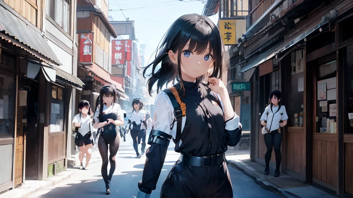 high resolution、High definition、High sensitivity、8k.Japanese、、1、cute、Idol face、Two Side Up Hair、slender、Mid-chest、(black and white high leg bodysuit:1.2)、See-through、Harness Belt、Gun Holder、（POLICE armband:1.3)、（Hold a gun、Firing：1.3）、bustling street、