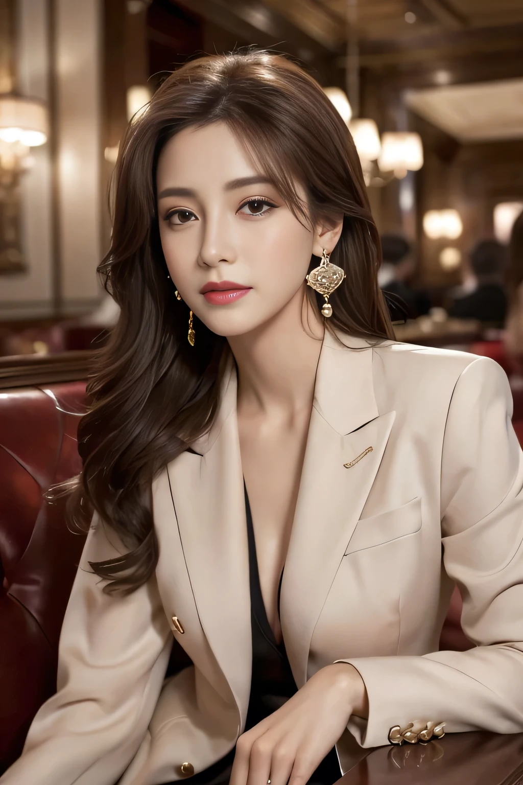 masterpiece, Highest quality, Realistic, Very detailed, Finer details, High resolution, 8k wallpaper, One beautiful woman, Wear a nice suit, In a great restaurant, At night, Light brown messy hair, Perfect dynamic composition, Beautiful and beautiful eyes、Big earrings、Sit on the sofa
