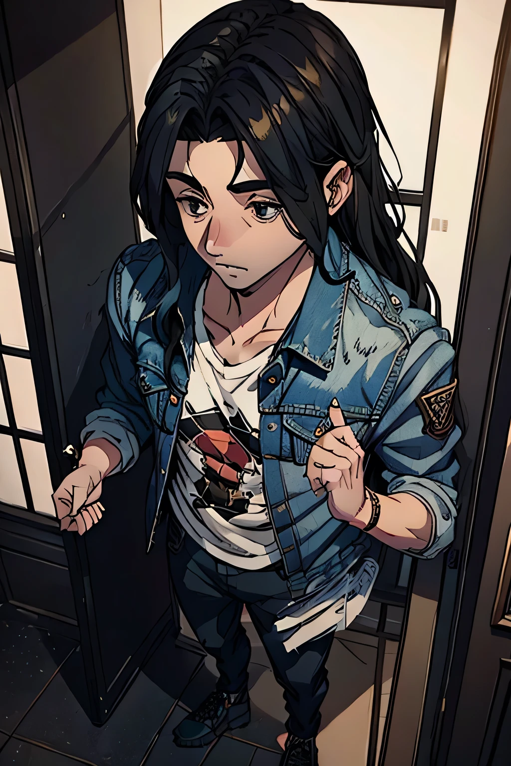 a young man, long hair, denim jacket, handsome, full body