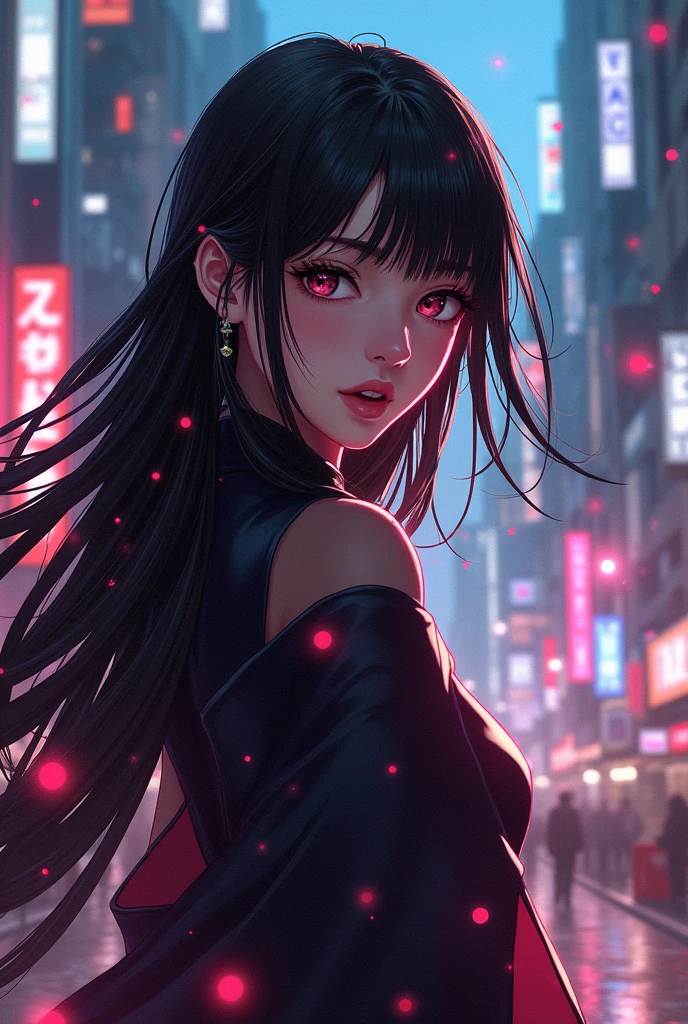 Pretty girl, model with 22, , black girl, long hair,, Tokyo cenário, anime, jujutsu kaiseen, sourcerer, jujutsu kaisen style, jujutsu kaisen OC