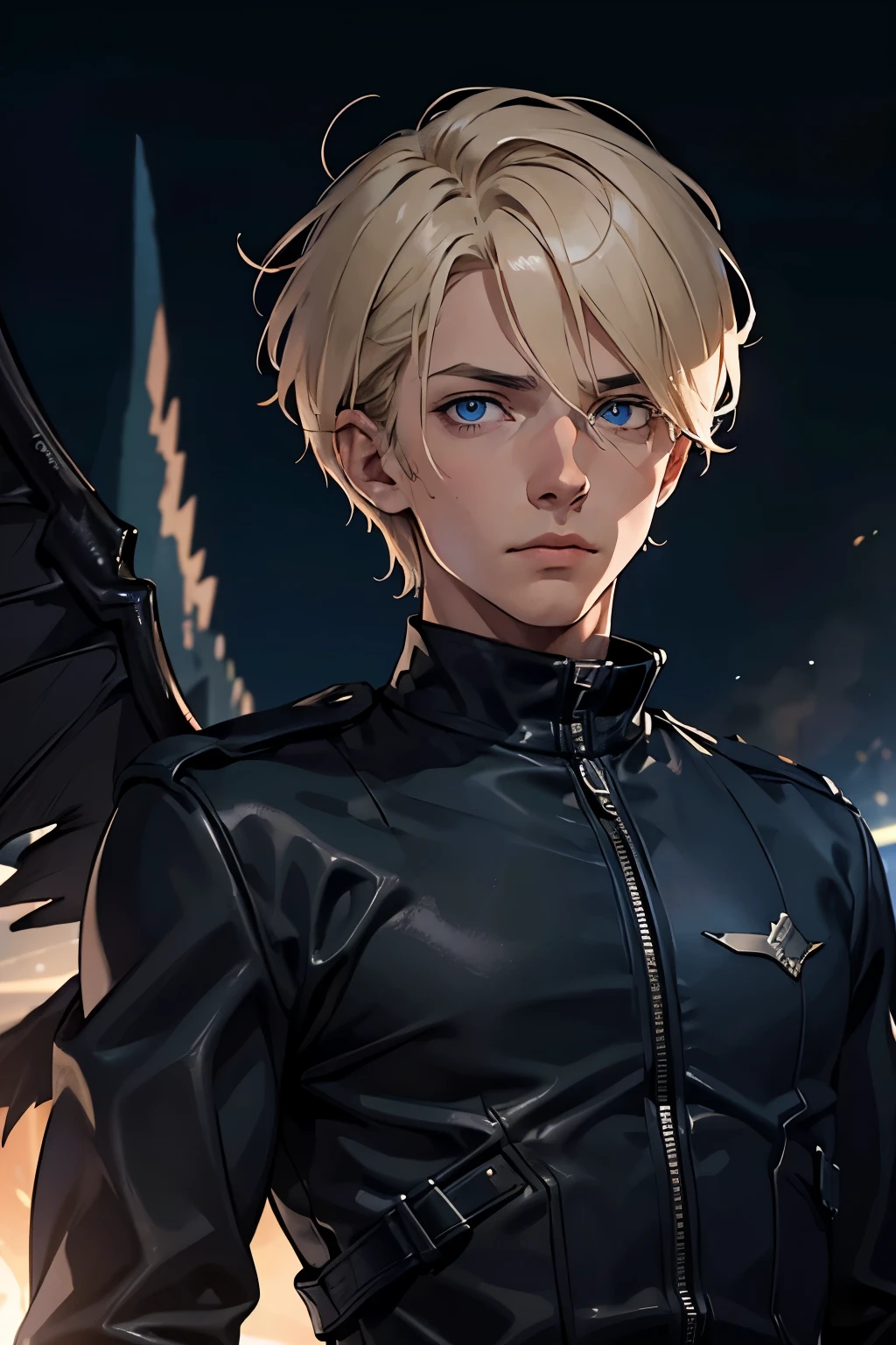 Upper body close-up image. A beautiful man. Twenty-three years old. Blonde hair and blue eyes. He is looking at the camera with a defiant expression. He is wearing black combat uniform. The shadow of a winged monster can be seen in the space behind him. A man stands in a city at night, surrounded by an eerie fog.